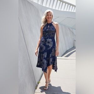 London Times Blue Metallic Floral Asymmetrical Hem Halter Keyhole Dress Sz 4